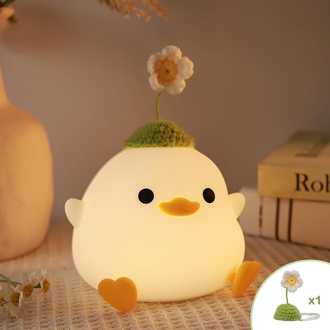 Attivolife Cute Duck Night Light, Animal Soft Silicone LED Lamp with Dimmable and Timer, Portable USB Rechargeable Bedroom Bedside Table Decor, Birthday Christmas Gifts for Girl Boy (Flower Hat) - Bloomnest