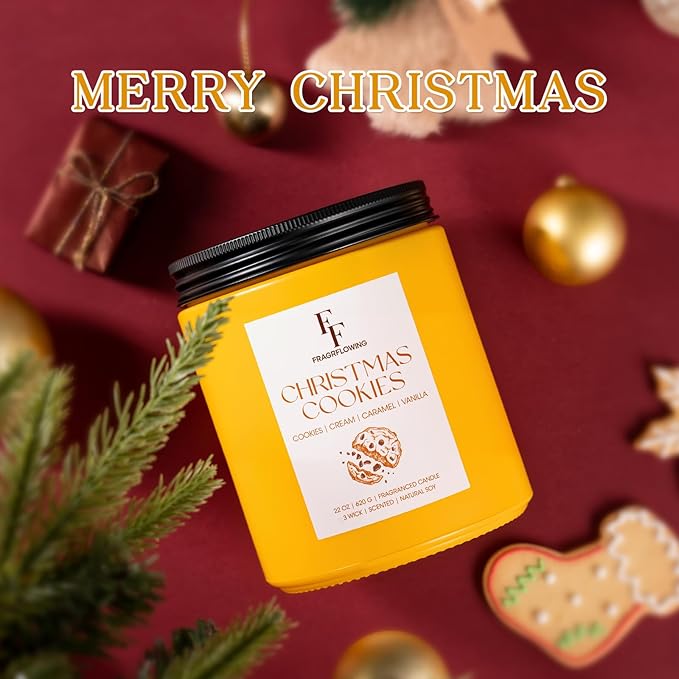 Large Christmas Candle Christmas Cookies Scented, 3-Wick 22oz Long Lasting Scented Candle, Natural Soy Wax Aromatherapy Candle for Home, Holiday Candle Gifts for Women Men - Bloomnest
