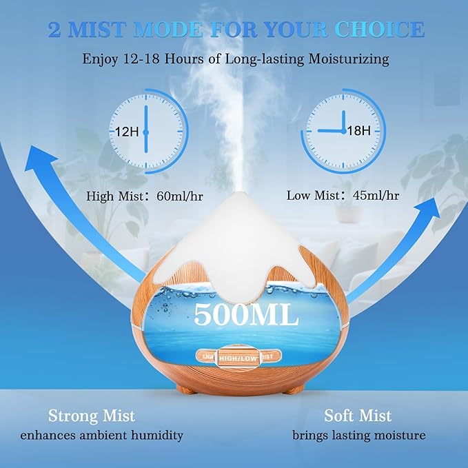500ML Essential Oil Diffuser, Aromatherapy Diffuser with Remote Control, Multifunctional Air Diffusers for Home Office Room, Fragrance Aroma Diffuser with 7 Color LED & 2 Mist Mode, Light Brown - Bloomnest