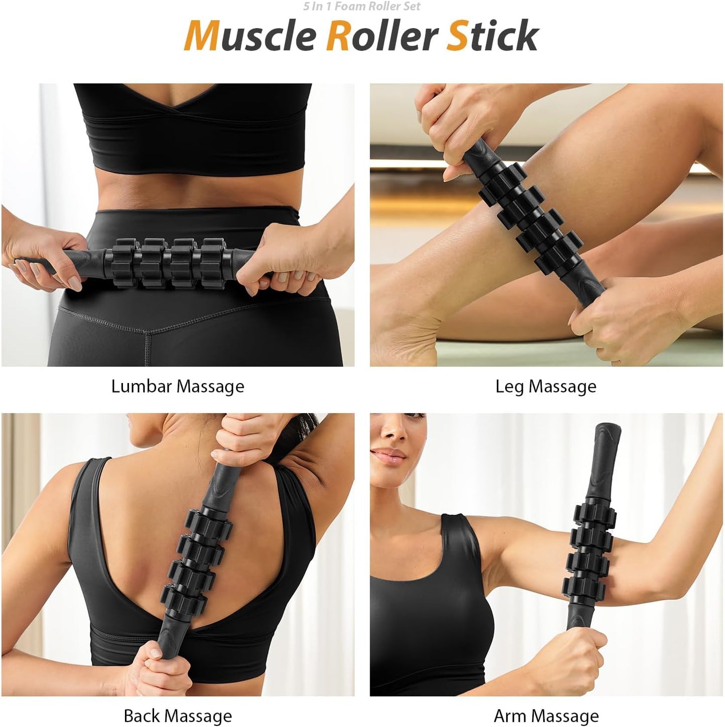 5 in 1 Foam Roller Set - Trigger Point Foam Back Roller, Muscle Roller Stick, Massage Ball, Stretching Band for Deep Muscle Massage Pilates Yoga,Fitness Exercise for Whole Body Release (Pure Black)