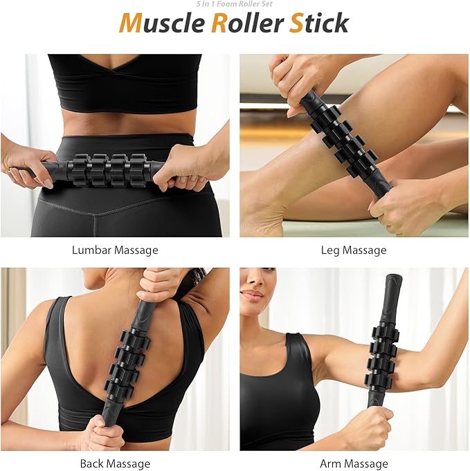 5 in 1 Foam Roller Set - Trigger Point Foam Back Roller, Muscle Roller Stick, Massage Ball, Stretching Band for Deep Muscle Massage Pilates Yoga,Fitness Exercise for Whole Body Release (Pure Black) - Bloomnest