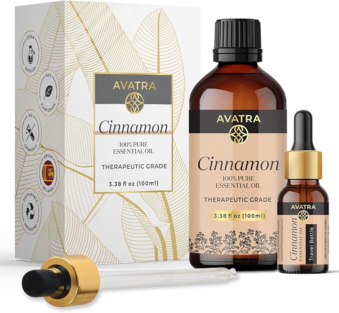 Avatra Cinnamon Essential Oil 100ML (3.38 OZ) with Glass Dropper and Travel Bottle, Pure and Natural Therapeutic Grade Cinnamon Oil for Diffuser, Aromatherapy, Massage, and DIY Candle Products - Bloomnest