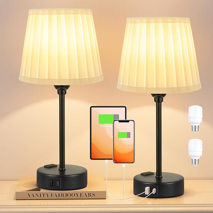 Acaxin White Bedside Lamps for bedrooms Set of 2 - White Pleated Lamp Shade with USB Charging Ports, Touch Lamps for Nighstand, Night Stand Lamp for Dorm/Office/Living Room/Class Room - Bloomnest