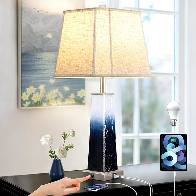 Coastal Blue Glass Table Lamp with Night Light & USB C+A Ports - 28" Extra Large Bedroom Lamp with Integrated Fabric Lampshade for Living Room Nightstand, Bulb Included, 1Pack - Bloomnest