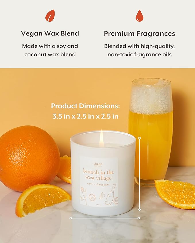 Literie NYC Inspired Scented Candle: Brunch in The West Village - Citrus & Champagne, 9oz, 50 Hour Burn, Vegan Soy & Coconut Blend Candle for Home Decor, Gift for Women & Men - Bloomnest