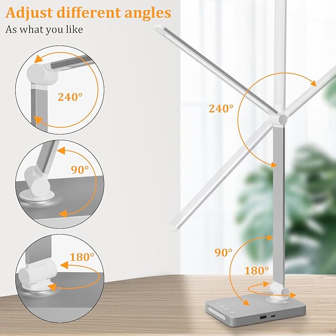 Dott Arts LED Desk Lamp with USB Ports,Touch Desk Lamps for Home Office with 5 Color Modes,3 Brightness Desk Light with Small Night Light,Reading Lamp Table LED Lamp for Bedroom Bedsid Study Sliver - Bloomnest