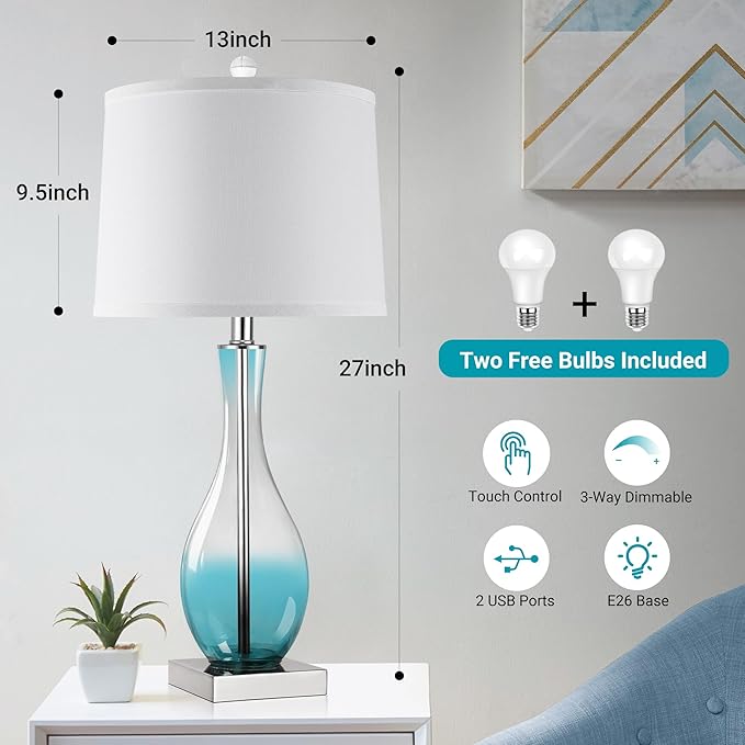 WIHTU Table Lamps Set of 2 with Touch Control, 27" Bedside Desk Lamps for Nightstand Decorations, 3-Way Dimmable Modern Glass Table lamp with USB C and A Charging Ports, Blue (LED Bulbs Included) - Bloomnest