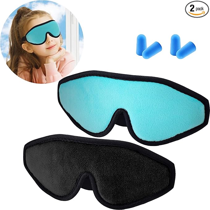2 Pieces 3D Sleep Mask for Kids Memory Foam Contoured Eye Mask, Travel Sleep Eye Cover with Adjustable Strap, 3D Blindfolds(Black and Green) - Bloomnest