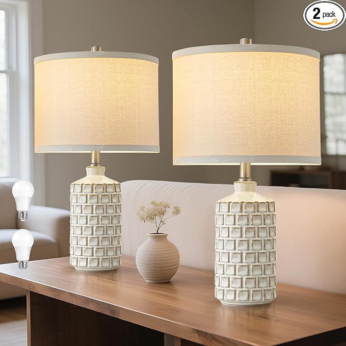 Luvkczc Vintage Farmhouse Table Lamp Set of 2, Grid Nightstand Lamp with Eye-Protecting Fabric Shade, 3-Color Temperature&2 Bulbs - Rustic Table Lamp Lamps for Living Room Bedroom Decor - Bloomnest