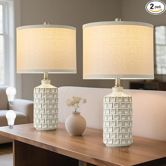 Luvkczc Vintage Farmhouse Table Lamp Set of 2, Grid Nightstand Lamp with Eye-Protecting Fabric Shade, 3-Color Temperature&2 Bulbs - Rustic Table Lamp Lamps for Living Room Bedroom Decor - Bloomnest