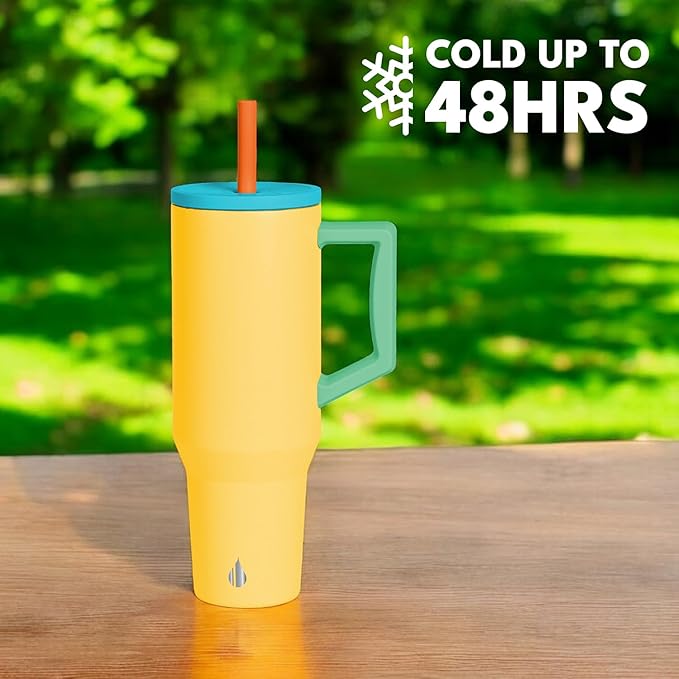 Elemental 40 oz Tumbler with Handle and Straw - Spill Proof Insulated Stainless Steel Commuter for Hot and Cold Beverages - Travel Coffee Mug with 2 Straws & Spill Proof Lid - 40oz - Lemon Zest - Bloomnest