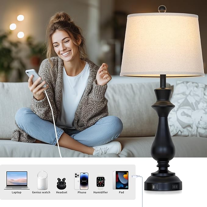 Modern Black Table Lamps Set of 2 for Living Room,30" Tall Bedside Lamp with USB Charging Port,3-Way Dimmable Touch Nightstand Lamp for Bedroom Desk Side Table Office,Black - Bloomnest