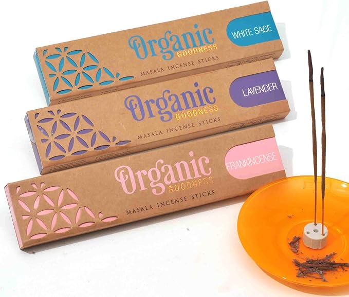 Incense Sticks - 3 Pack: Sandalwood, Champa and Patchouli. Total 45 Grams with Ceramic Burner (Saucer not Included) (Lavender, Frankincense and White Sage)