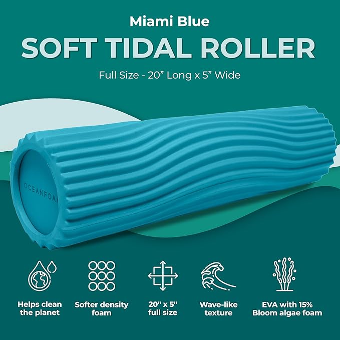 Oceanfoam Soft Tidal Roller (Miami Blue) - Low Density Foam Roller for Physical Therapy, Back Pain, Exercise & Stretching - Wave Textured - Yoga, Athletics, & Wellness - Full Size, 20" x 5" - Bloomnest