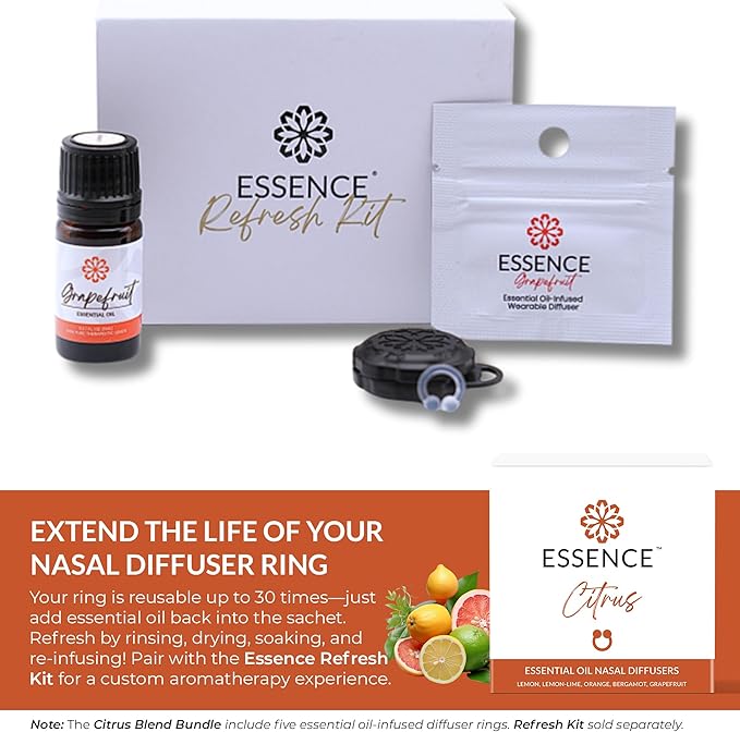 Essence Nasal Diffuser Citrus Bundle – Essential Oil Silicone Nose Rings for Mood, Energy & Positivity – Wearable Aromatherapy Pack with Lemon, Orange, Grapefruit & Bergamot - Bloomnest