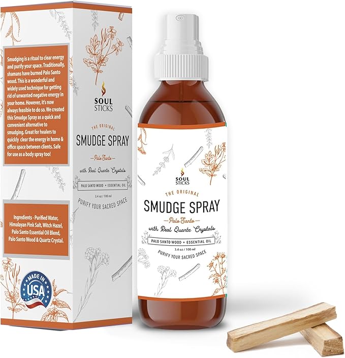 SOUL STICKS Palo Santo Smudge Spray – 3.5oz Smokeless Energy Mist with Quartz Crystals – Non-Toxic Cleansing Spray for Room, Meditation, Travel, Spiritual Rituals & Aura Purification SoulSticks