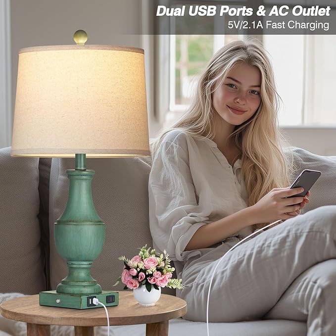 Farmhouse Table Lamp Set of 2, Rustic Touch Control 3-Way Dimmable Lamps with USB A+C Charging Ports & AC Outlet, Vintage Retro Antique Bedside Lamp for Living Room Bedrooms Nightstand Green - Bloomnest