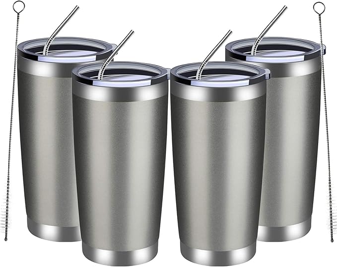 MEWAY 20oz Tumbler 4 Pack Double Wall Vacuum Insulated Travel Mug Bulk, Stainless Steel Tumblers with Lid and Straw, Durable Powder Coated Coffee Cups for Cold & Hot Drinks (Cold Gray, 4) - Bloomnest