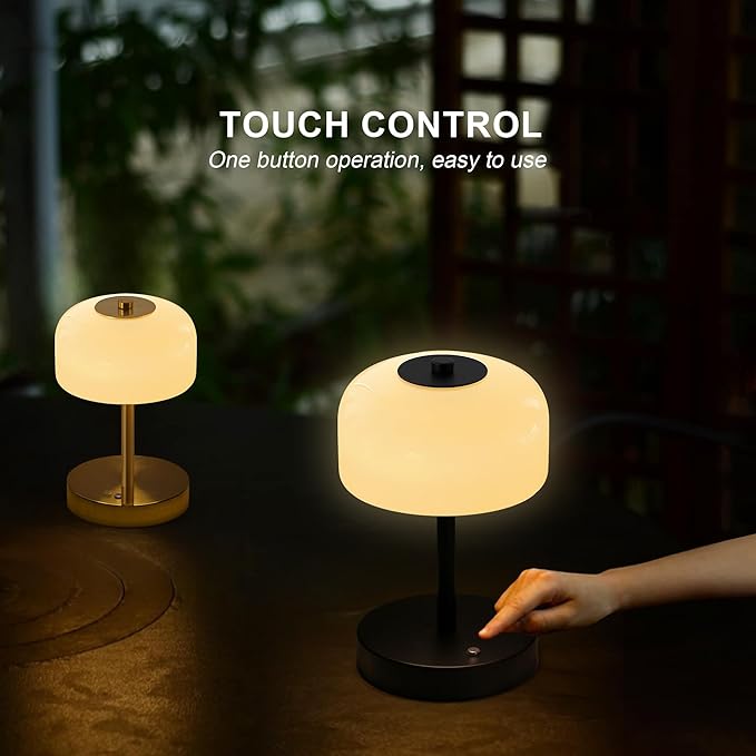 Oneach 2 Pack Cordless Table Lamps, 9" Portable Rechargeable Battery Powered Desk Lamp, Opal Glass Shade, 3 Level Brightness Dimmable, Mushroom Table Lamps for Bedroom, Living Room, Outdoor, Black - Bloomnest