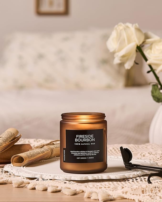 M&SENSE Fireside Bourbon Clean Non-Toxic Soy Wax Campfire Smoky Candle, Cotton Fall Scented Candle for Home Decor, 7.05oz Up to 50 Hours Burn Time Aromatherapy Gift for Bathroom - Bloomnest
