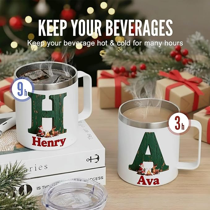 Personalized Christmas Insulated Coffee Mug with Handle – Custom Rustic Initial Letter [A] Double Wall Stainless Steel Travel Tumbler for Drinks – Unique Holiday Gift for Men, Women, & Kids(B116) - Bloomnest