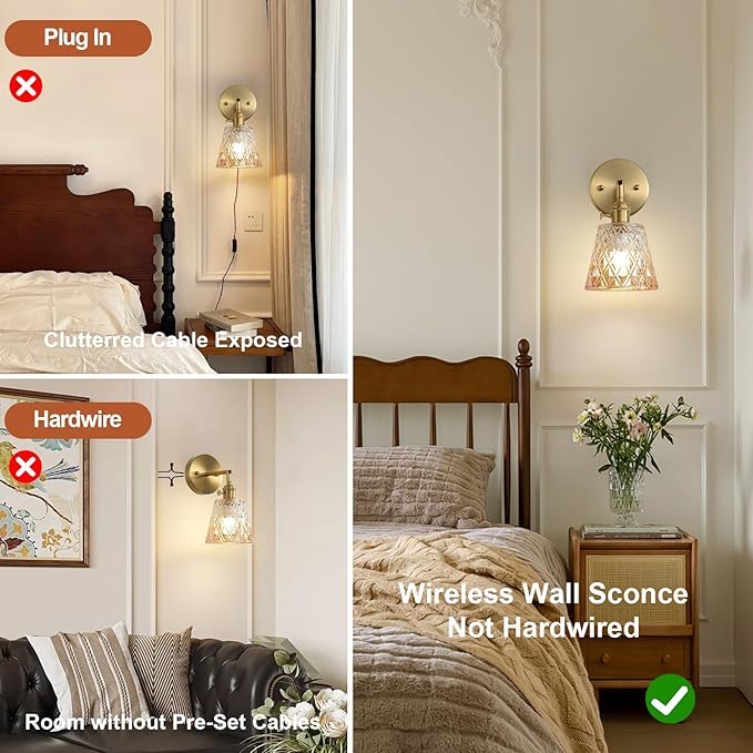 2 Pack Vintage Battery Operated Wall Sconces, Flower Amber Lampshade & 180 Degree Adjustable, Wireless Rechargeable RGB Wall Light with Remote Control, for Bedroom Living Room Hallway Aisle - Bloomnest