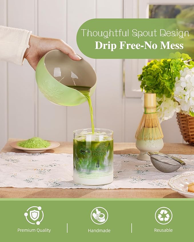 ZENS Matcha Whisk Set, Ceramic Matcha Tea Set with 15oz Sakura Bowl and Bamboo Whisk & Scoop, (Chasen Holder), Stainless Sifter-Tea Towel, 6pcs Matcha Kit for Matcha Lovers, Green - Bloomnest