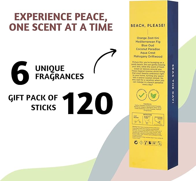 Folkulture Incense Sticks | Set of 6 Insenses (120 Sticks) with 45 Mins Burn Time | Orange Zest, Blue Oud, Aqua Crest, Coconut Paradise | Organic Mediterranean Fig Inscents, Non-Toxic Inscents-Sticks - Bloomnest