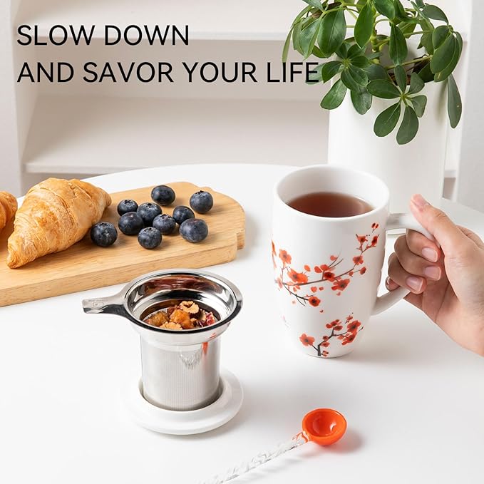 Sweejar Porcelain Tea Mug with Infuser and Lid,Teaware with Filter, Loose Leaf Tea Cup Steeper Maker, 16 Fl Oz for Tea/Coffee/Milk/Women/Office/Home/Gift (Plum Blossom) - Bloomnest