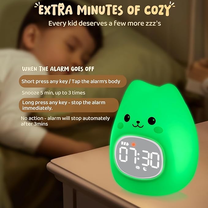Cat Alarm Clock with Night Light for Kids with Sleep Training and Sound Machine, Rechargeable Silicone Lamp OK to Wake Clock，Cute Animal Tabletop Lamp, Perfect Sleep Companion for Boys Girls - Bloomnest