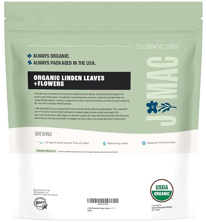J Mac Botanicals, Organic Linden Leaf and Flower, Whole Leaves and Flowers - Bloomnest
