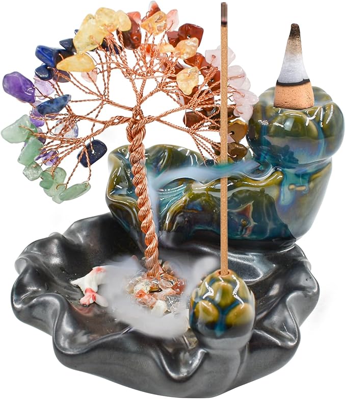MrMrKura Backflow Incense Burner, Ceramic Incense Waterfall Burner with 7 Chakras Healing Crystals Tree Fountain Incense Holders for Yoga Meditation Home Decor - Bloomnest