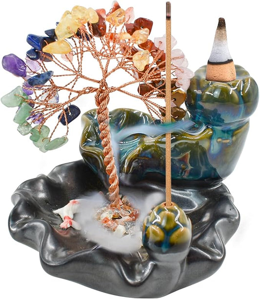 MrMrKura Backflow Incense Burner, Ceramic Incense Waterfall Burner with 7 Chakras Healing Crystals Tree Fountain Incense Holders for Yoga Meditation Home Decor - Bloomnest