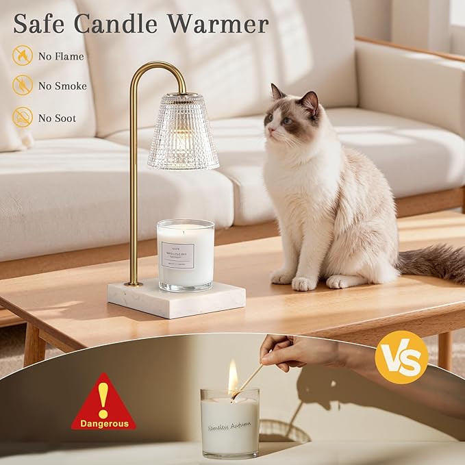 Hong-in Modern Gold and Marble Candle Warmer Lamp with Textured Glass Shade, Elegant Candle Lamp for Bedroom Living Room Kitchen, Luxury Home Decor Accent Lamp,Birthday Gift for Women