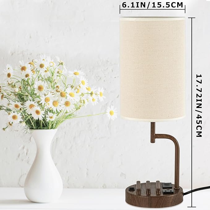 Dreamholder Table Lamp with 3 USB Charging Ports, Modern Desk Lamp with AC Outlet and Phone Stands, Perfect Bedside Lamp for Bedroom, Living Room, Office (Pack of 2), Walnut - Bloomnest