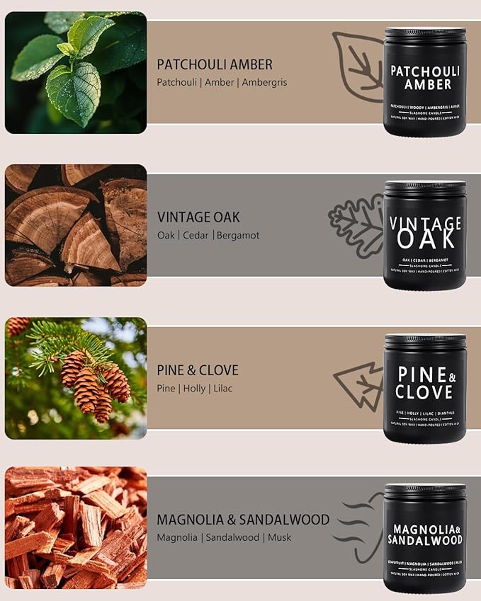 Candles for Men, 4 Pack Scented Candles, Gifts for Father Dad Day, 50 Hours Long Burning Soy Candles for Home Scented (Pine/Sandalwood/Patchouli/Oak) - Bloomnest
