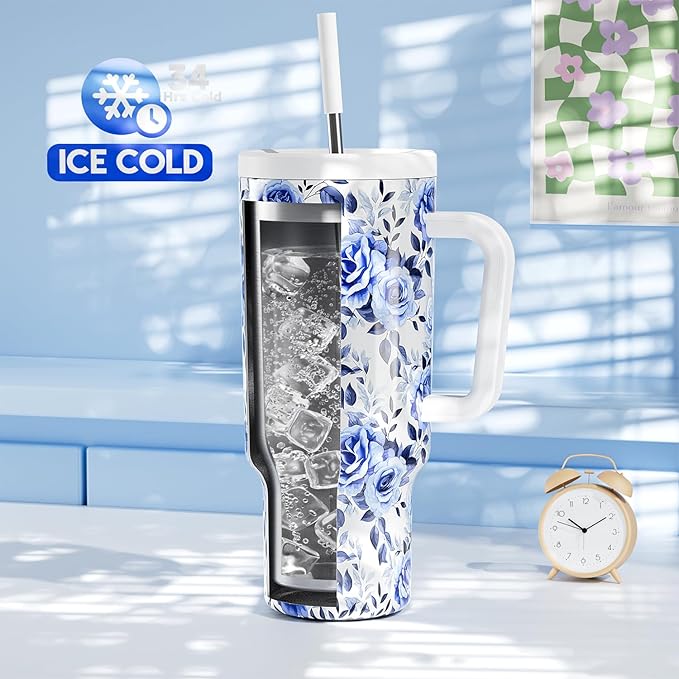 Meoky 40 oz Tumbler with Handle and Straw: Stainless Steel Insulated Tumbler with Lid and Straw - 100% Leak Proof Tumbler for Car Cup Holders - Travelers Commuters Workers, Blue Rose - Bloomnest