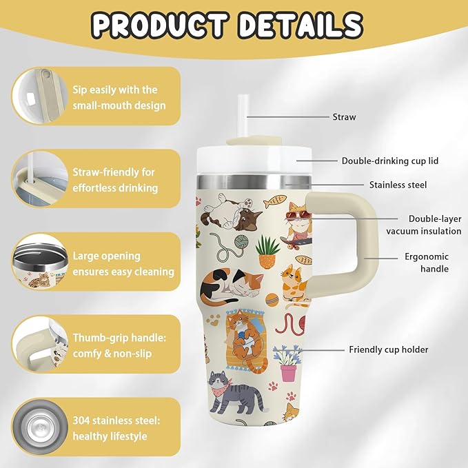 Cat Gifts for Girls - 14oz Cute Cats Kids Tumbler with Handle and Straw, Stainless Steel Insulated Water Cup, Leak Proof, for Sport, School, Travel - Funny Cat Lovers Children Birthday Gifts Cups(1pc) - Bloomnest