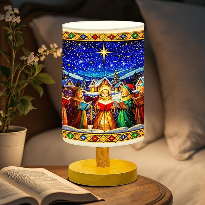 Caroling Table Lamp LED 3-Color Pressed Bedside for Merry Christmas, Caroling Shade Christmas Table Lamp with Wood Base for Bedroom Living Room Desk Office - Bloomnest