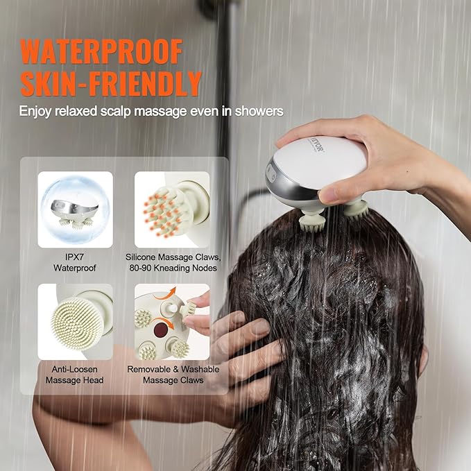VEVOR Electric Scalp Massager with Heat, Rechargeable Heated Head Massager, IPX7 Waterproof | Portable Kneading Scalp Scratcher with 8 Removable Massage Head for Hair Growth, Deep Clean, Stress Relax VEVOR