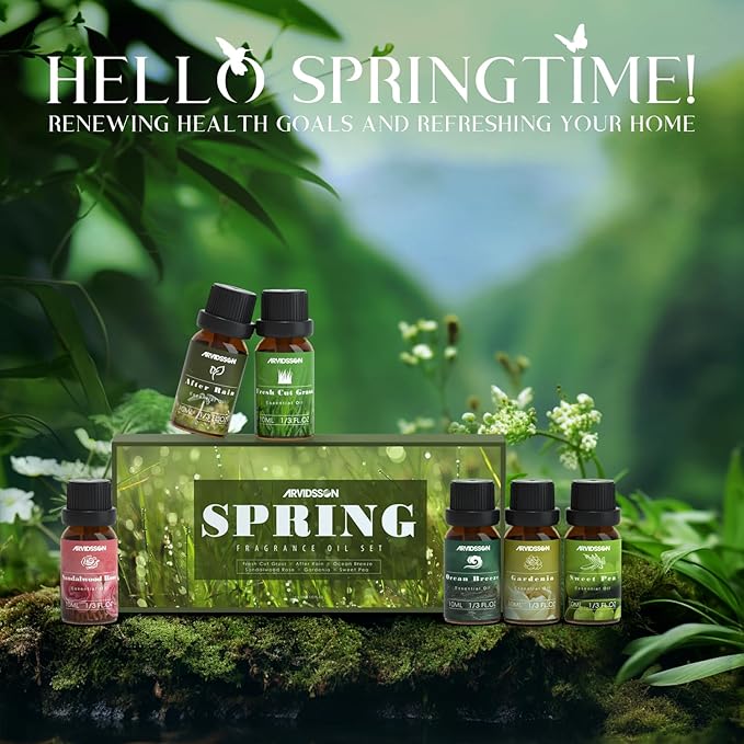 Spring Essential Oils Set, ARVIDSSON Natural Fragrance Oil for Diffuser, Candle Making - After Rain, Ocean Breeze, Fresh Cut Grass, Gardenia, Sweet Pea, Rose Sandalwood, Spring Scented Oil Gift Set - Bloomnest