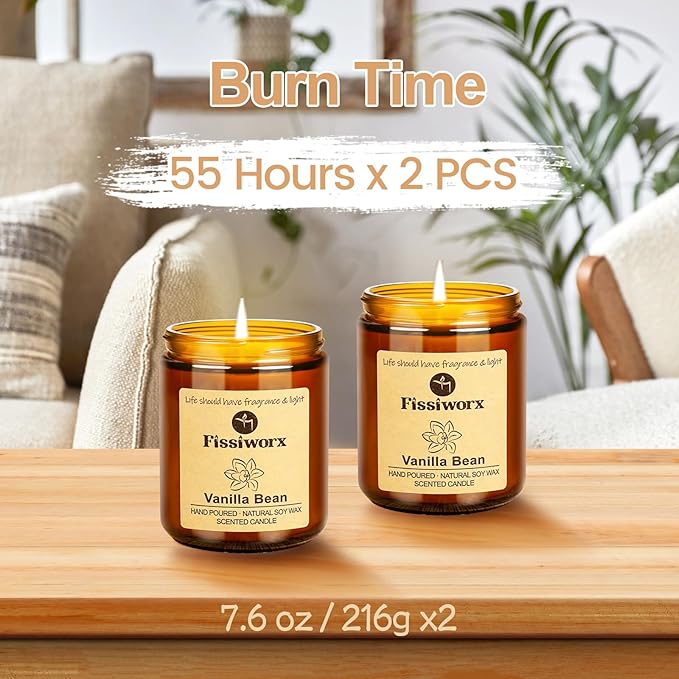 Vanilla Scented Candle Set 2 Pack, Candle for Home Scented, Odor Eliminating, Stress Relief, total15oz, 110 Hours Long Lasting Candles, Soy Candle Gift Set for Women - Bloomnest