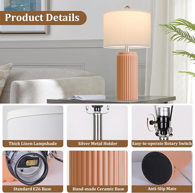 23.5’’ Orange Table Lamps for Bedroom Set of 2, Modern Ceramic Nightstand Lamps for Living Room, Retro Lamps with White Shade Set for Home Office End Table, Farmhouse Bedside Lamps for End Table Dorm - Bloomnest