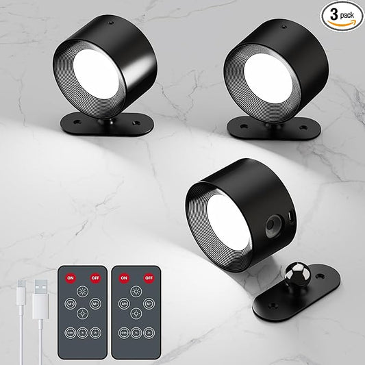 3Pack Battery Operated Wall Sconce, 3 Color Modes 3 Brightness Levels 360°Rotation Lighting Timer Touch & Remote Control, Wall Mounted Lamp LED Wall Lights for Bedroom Reading Bedside (Black) - Bloomnest