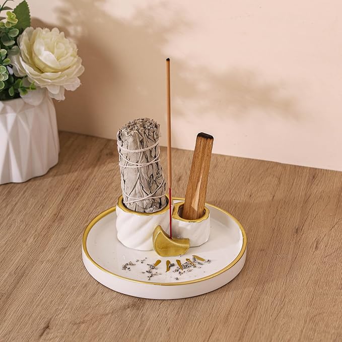 Ceramic Incense Holder Burner, Sage Holder for Burning, Palo Santo Sticks Holder, 5.51" Ash Catch Tray, Smudge Dish for Meditation Yoga, Modern Home Decor Gift - Bloomnest