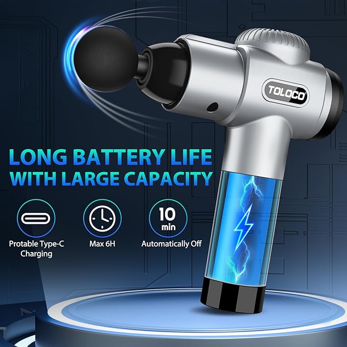 TOLOCO Massage Gun, Muscle Massage Gun Deep Tissue for Athletes with 10 Massage Heads, Electric Percussion Massager for Any Pain Relief, Gifts for Fathers Day, Silver - Bloomnest