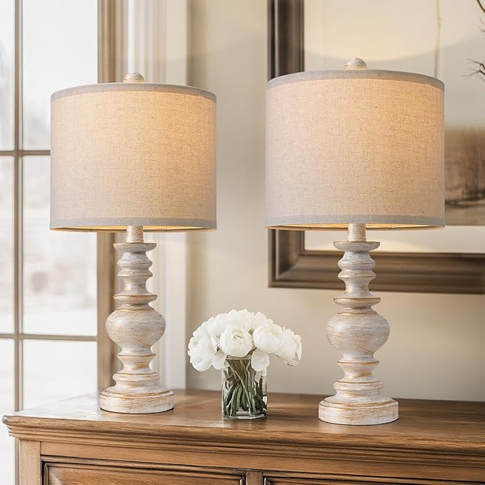 BOBOMOMO 20" Retro Table Lamps Set of 2 - Farmhouse Lamp for Living Room with Linen Shades, Rustic Bedside Nightstand Lamps, Resin Lamps for Bedroom Nursery Room Hallway - Ideal for Compact Spaces - Bloomnest