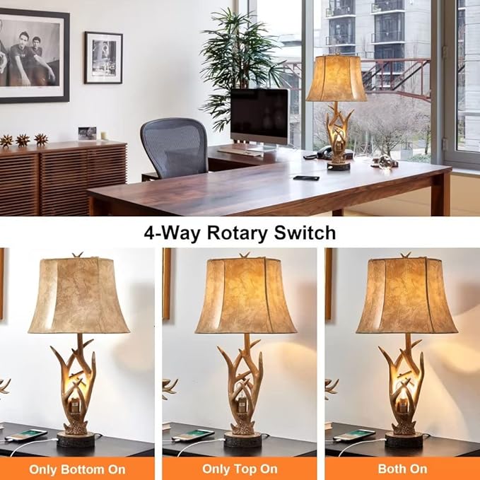 Dungoo Rustic Western Deer Table Lamps with Nightlight Set of 2, 26" Rustic Bedside Lamps for Bedroom with 2 USB Ports, Natural Antler Table Lamp for Christmas Living Room Foyer Office - Bloomnest