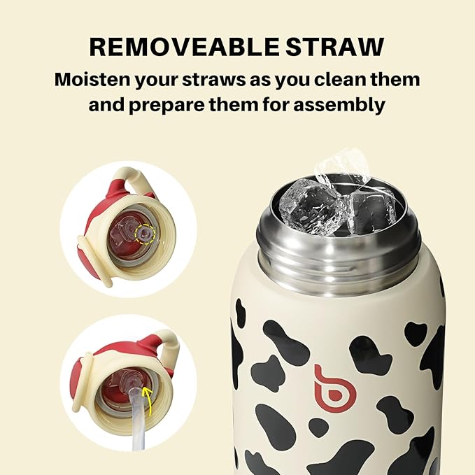 BOTTLE BOTTLE Kids Insulated Water Bottle with Straw Lid and Handle 16 oz Stainless Steel Vacuum Tumbler Water Bottles for School Outdoor Travel Gifts for Boys and Girls Cow - Bloomnest