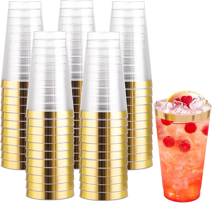 I00000 16 oz Gold Plastic Cups, 100 Pack Clear Plastic Cups Tumblers Gold Rimmed Cup, Heavy-duty Disposable Cup Perfect for Halloween, Thanksgiving and Christmas Parties - Bloomnest